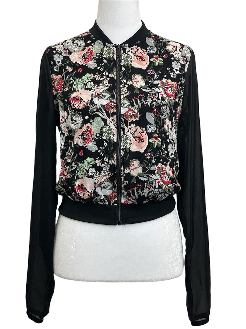 Adidas Neo Selena Gomez Black Floral Mesh Sleeve Bomber Jacket